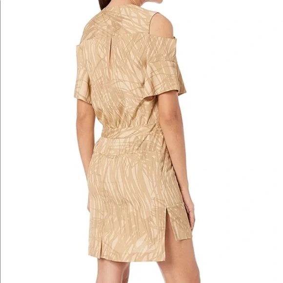 Halston Heritage Short Sleeve Cold Shoulder Dress Khaki Botanical Print - Picture 8 of 8